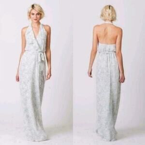 Nouvelle Amsale Erica FLORAL Ruffle Halter Wrap Chiffon Maxi Dress Size S NEW
